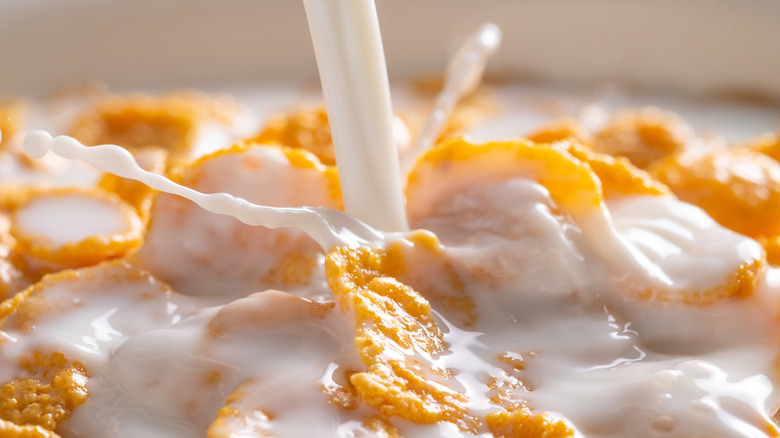 A bowl of cereal as milk is pouring over it