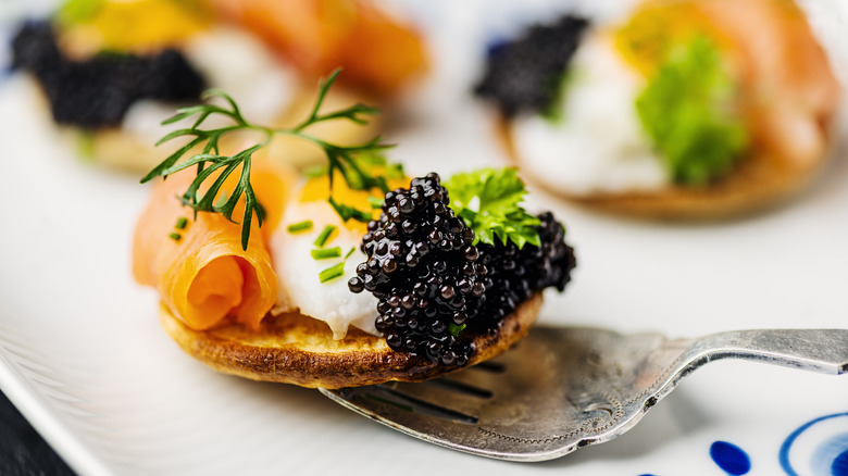 Blini with creme fraiche, caviar, salmon, and herbs with a fork