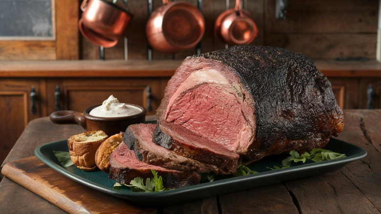 Roasted prime rib with three slices cut next to horseradish