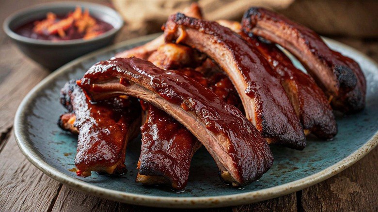 pork ribs on blue plate