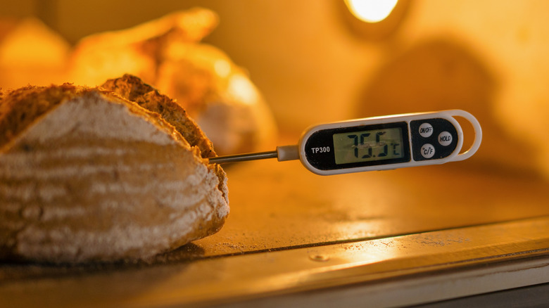 A probe thermometer measures the internal temperature of freshly-baked bread.