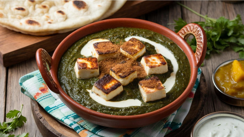 A ceramic bowl of saag paneer next to a stack of naan and sauces.