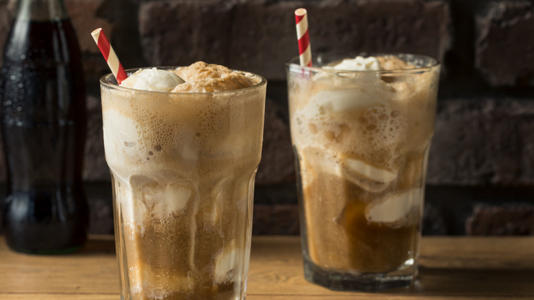 Two ice cream floats in glasses