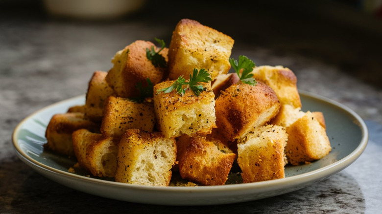 Homemade croutons stacked up on a ceramic plate