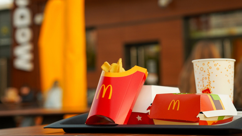 McDonalds meal on a tray outside the restaurant