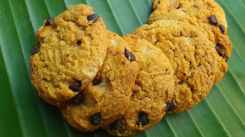 Banana chocolate chip cookies on a banana leaf