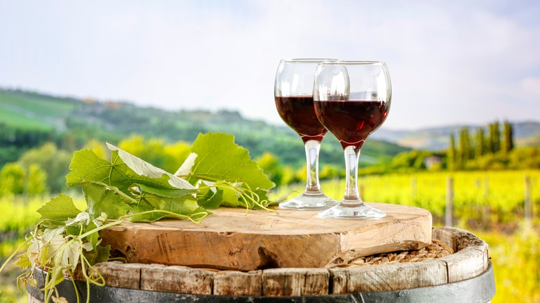 Two glasses red wine outdoor background