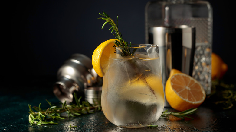 A clear cocktail with ice, rosemary, and fresh lemon in a short highball