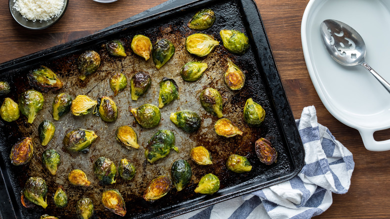 Roasted brussel sprouts on a sheet pan