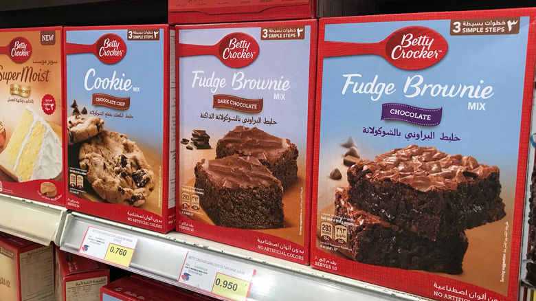 Betty Crocker products sitting on a grocery store shelf.