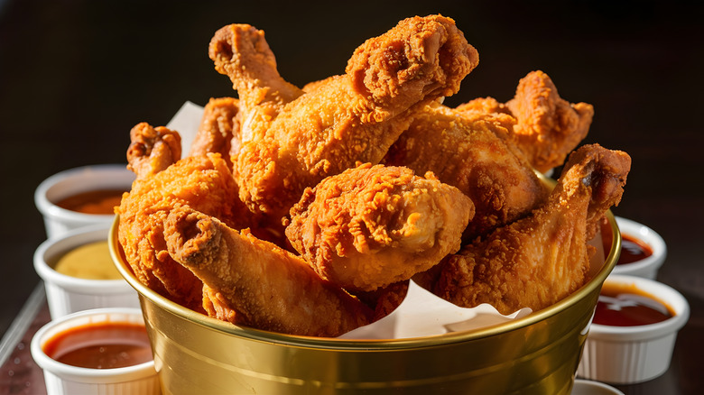 Bucket of crispy fried chicken