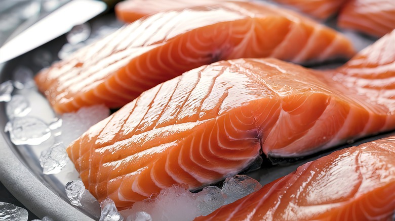 Cuts of raw salmon lay over a bed of ice