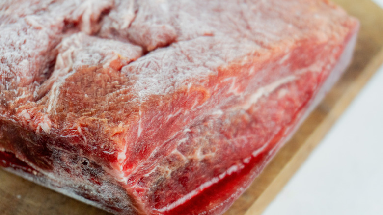 Close up view of frozen red meat