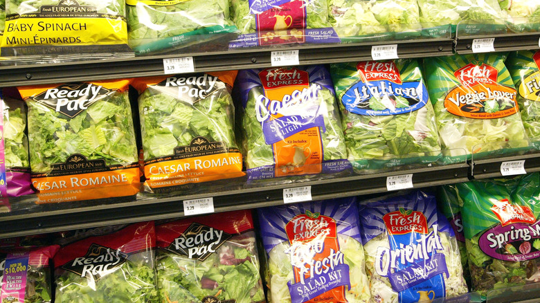 Rows of bagged salad greens at the grocery store