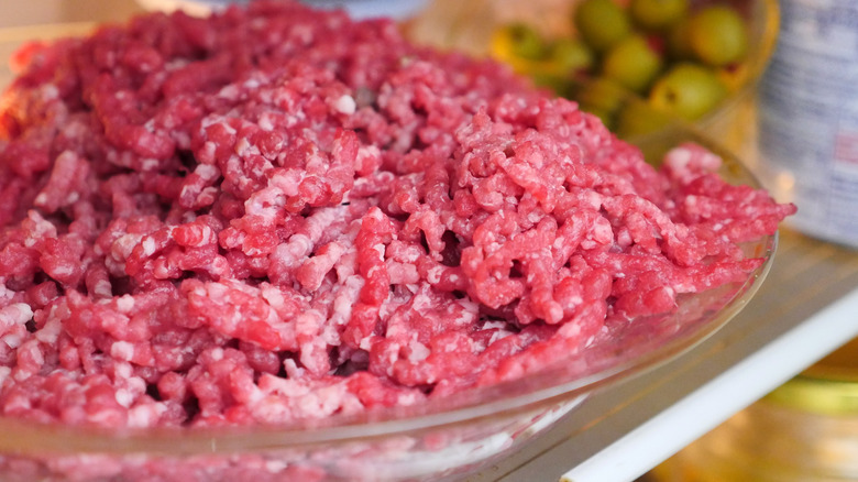 close-up of ground beef in a bowl in fridge