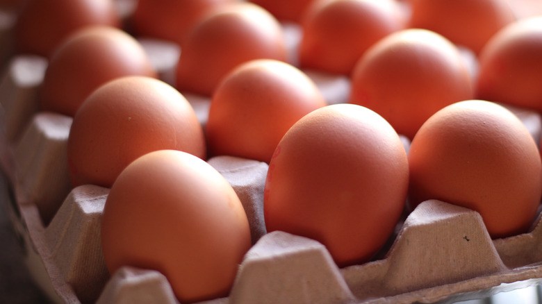 A carton of fresh brown eggs