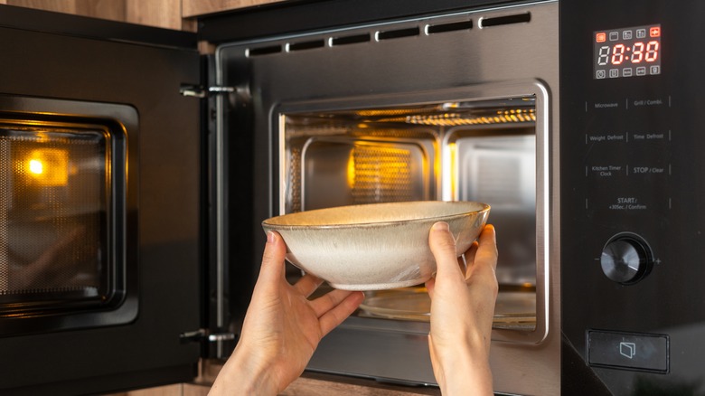 Hands placing a bowl into a microwave