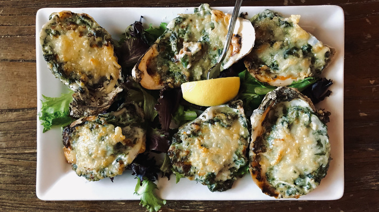 Dish of Oysters Rockefeller from above