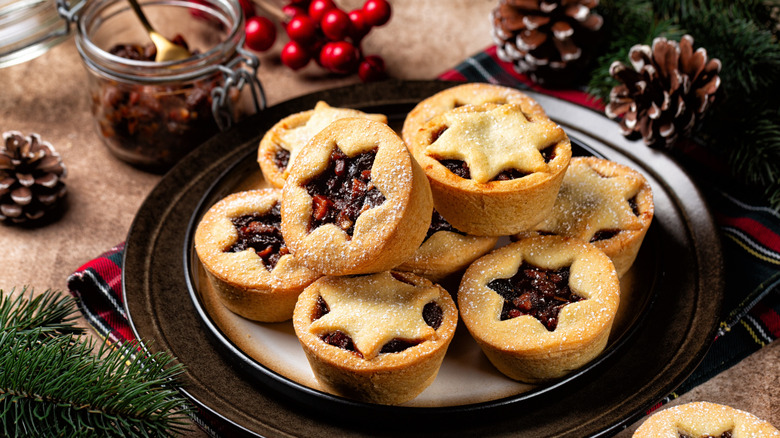 A plate of mincemeat pies sprinkled with sugar for Christmas