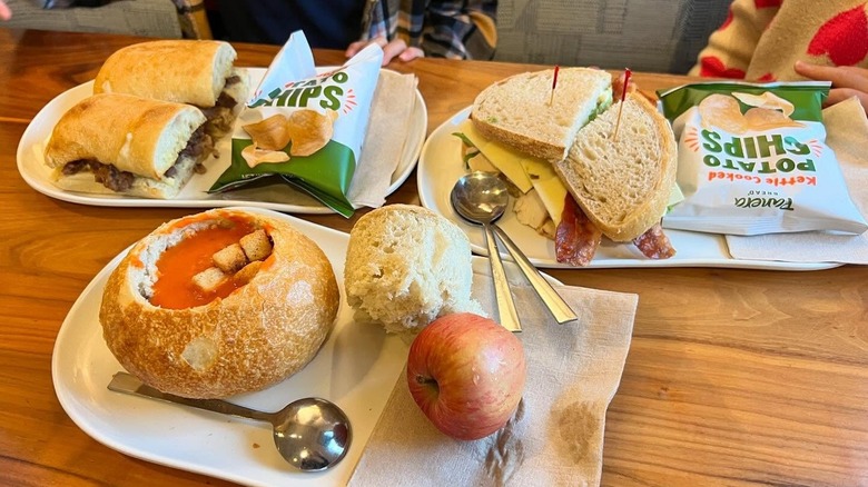 Sandwiches, soup, and chips from Panera Bread