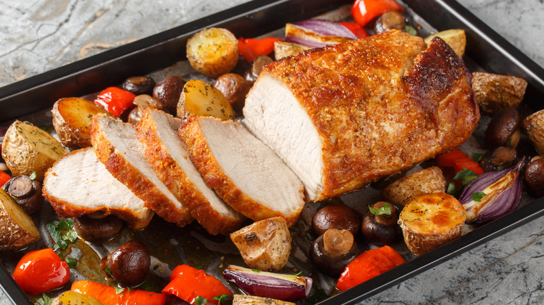 Baked pork loin with roasted vegetables