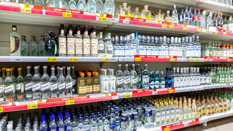 Russian store shelves full of various vodkas for sale