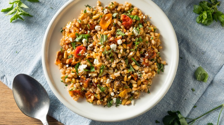 Spelt grains in a salad with tomatoes and herbs