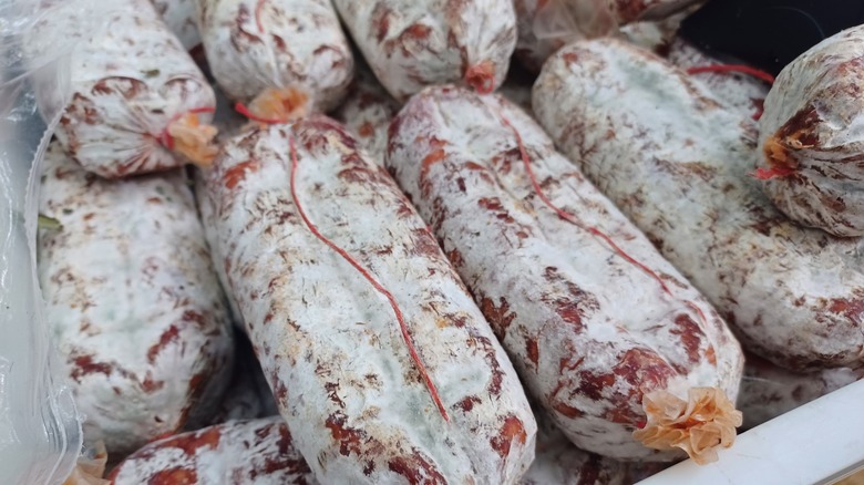 Salami with white mold coating