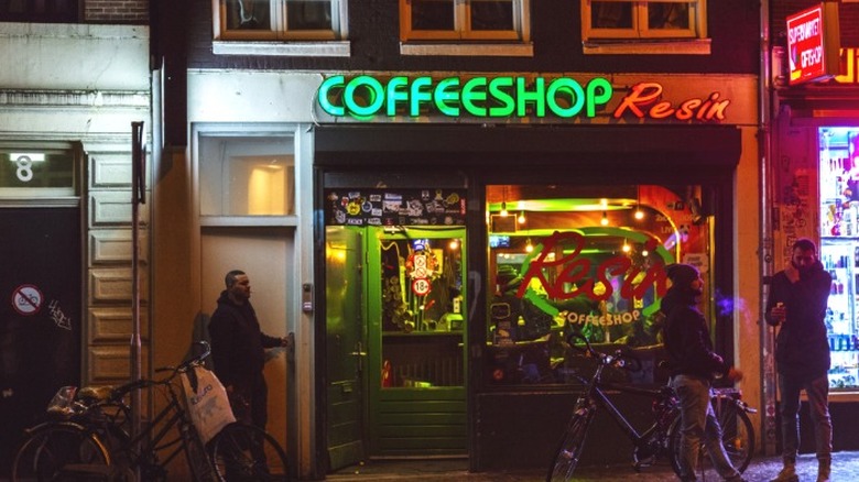 The exterior of a coffee shop in Amsterdam.