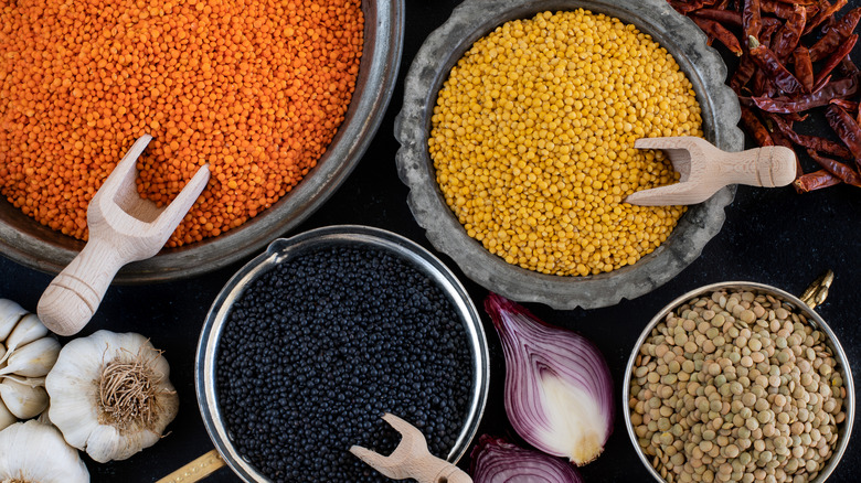 Various types of lentils sitting on bowls.