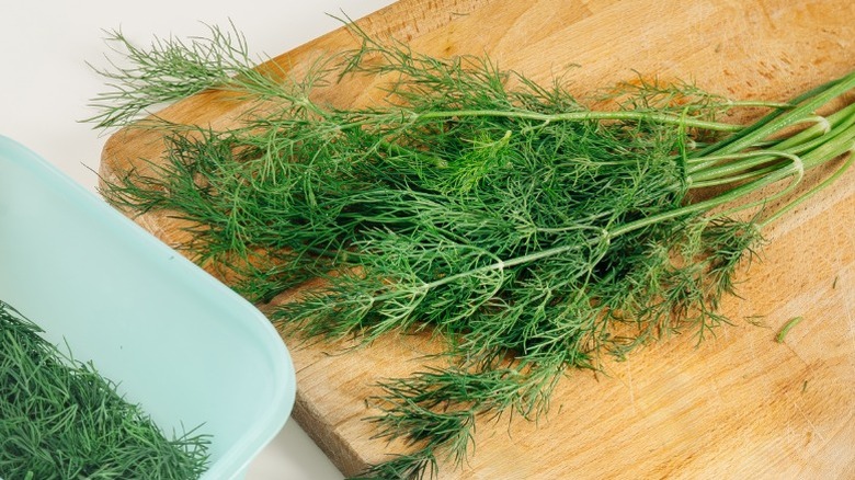 A bunch of dill, a common cilantro substitute, on a wooden cutting board.