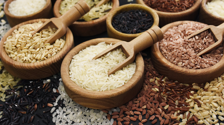 Different varieties of rice, including jasmine and basmati