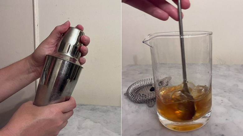 L: holding cocktail shaker, R: stirring drink in glass