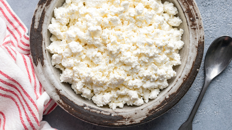 A ceramic bowl of cottage cheese