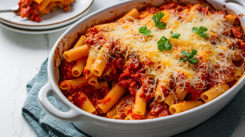 Baked ziti in white dish