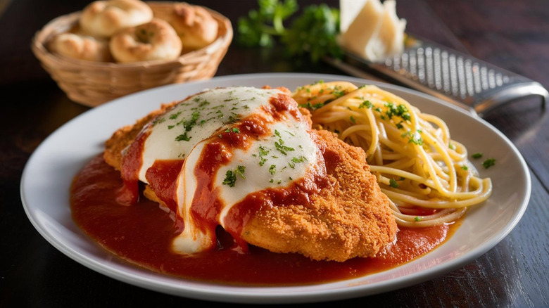 Chicken Parmesan on white plate