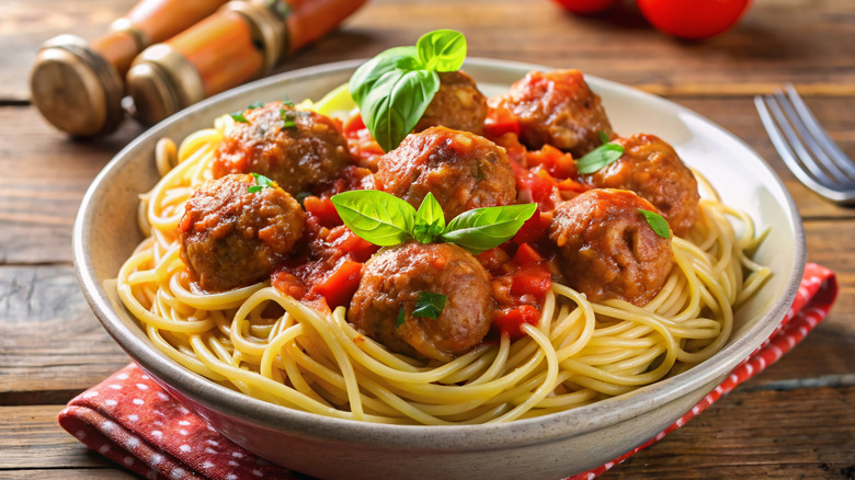 Spaghetti and meatballs with tomato sauce