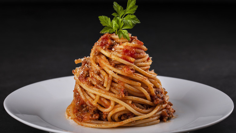 Spaghetti Bolognese on white plate