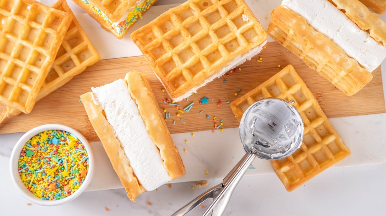 Ice cream sandwiches on waffles