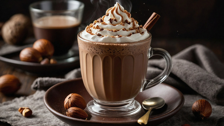 Small glass mug of mocha coffee with whipped cream and Nutella drizzle on a brown plate with a gold spoon surrounded by hazelnuts on a wooden surface.