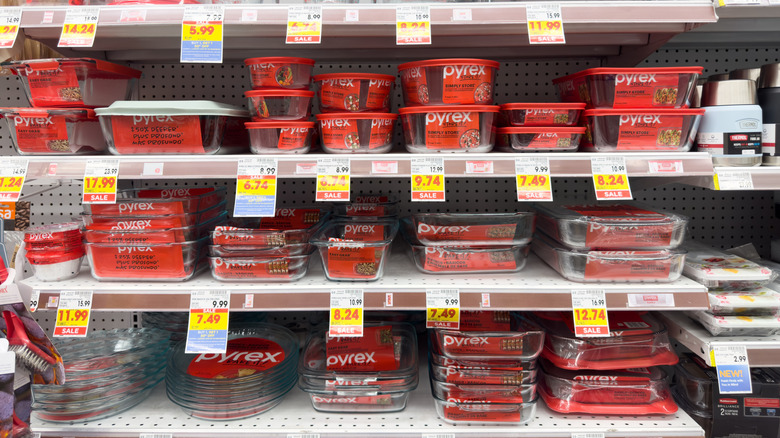 Modern clear glass Pyrex containers on a store shelf.