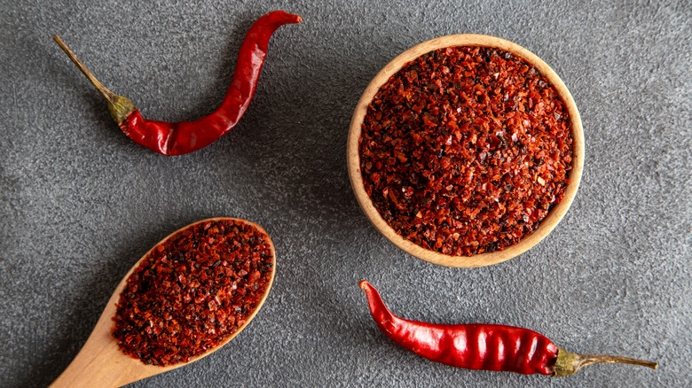 a bowl and spoon filled with red pepper flakes