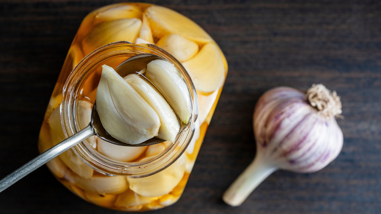 A bottle of garlic soaked in oil