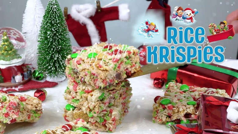 Holiday-themed Rice Krispies Treats on Christmas setting