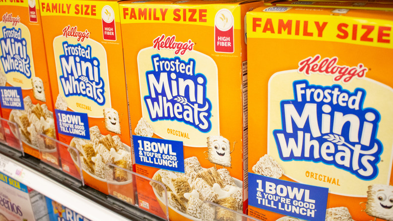 Frosted Mini-Wheats cereal boxes on store shelf