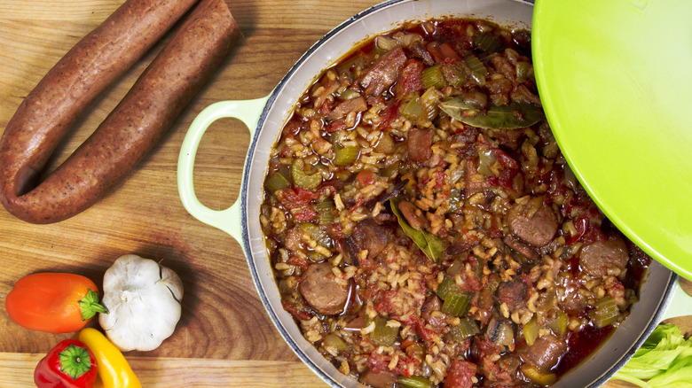 Pot of jambalaya with andouille sausage