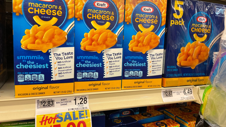 Boxes of kraft macaroni and cheese on store shelf