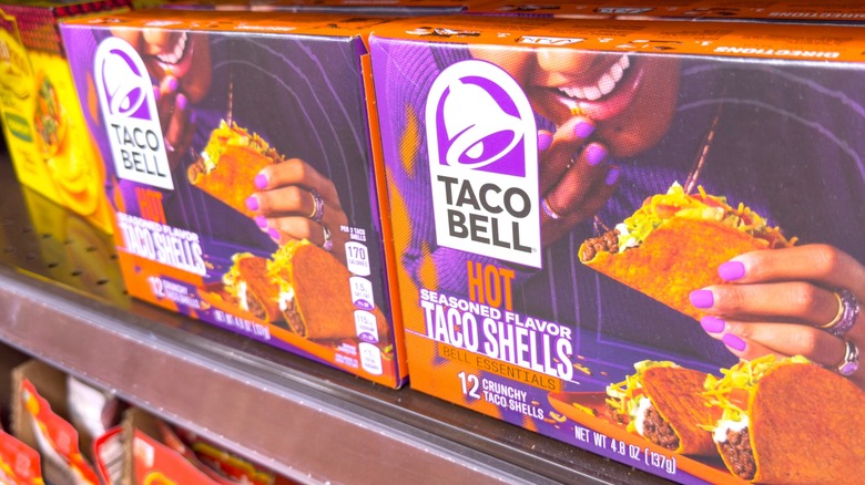 Boxes of Taco Bell shells on store shelf