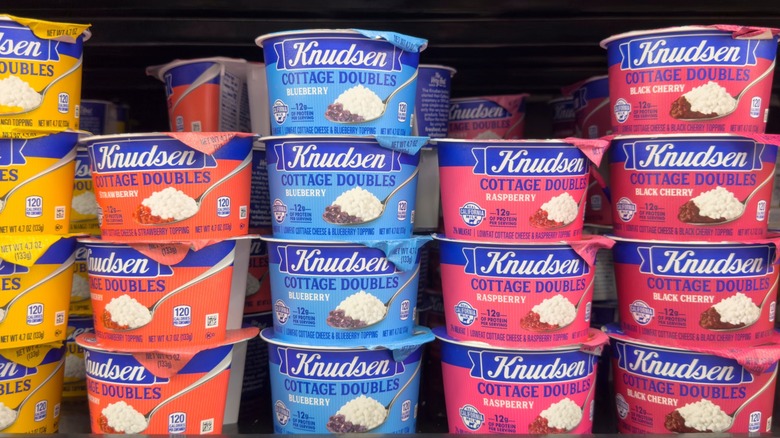 Varieties of Knudsen's cottage cheese with fruit at supermarket