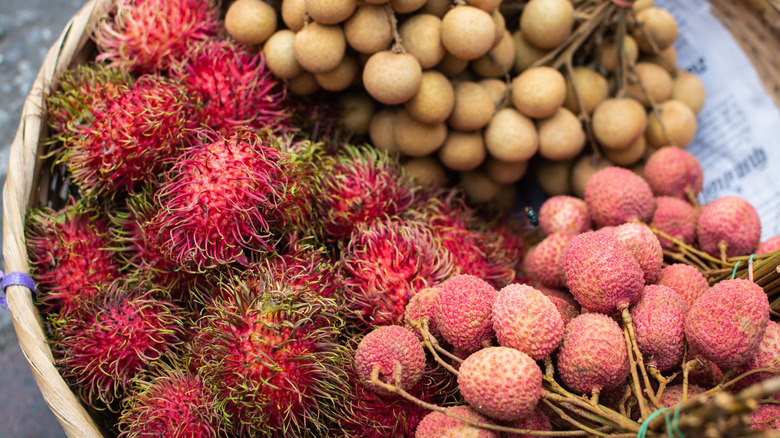 lychee, longan, and rambutan in a basket